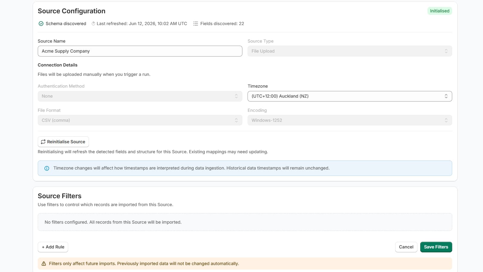PowerFeed source configuration screen